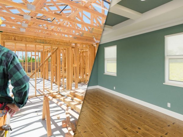 Contractor Facing Before and After Interior of House Wood Construction Framing and Finished Build.